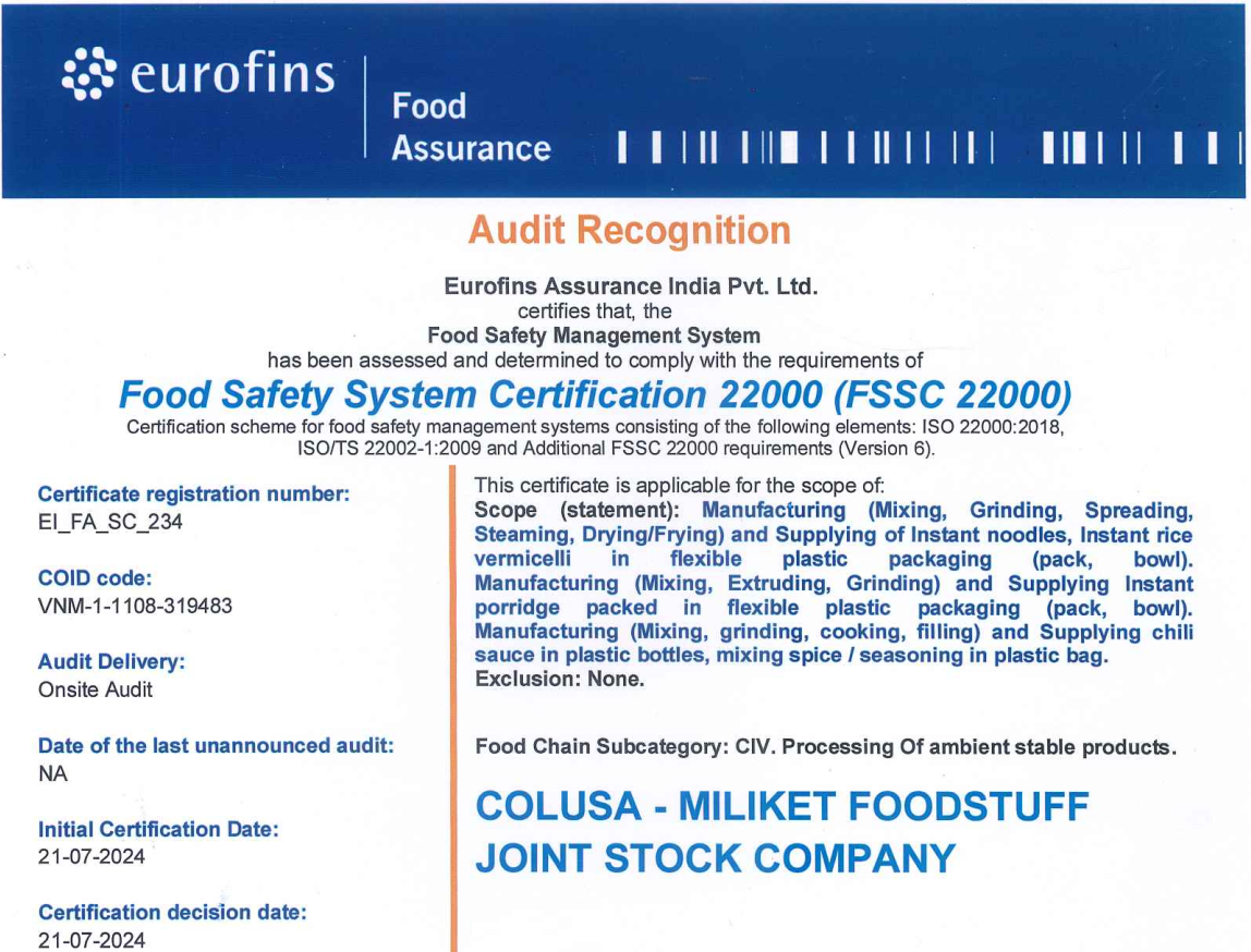Chứng nhận Hệ thống An toàn Thực phẩm 22000 (FSSC 22000)